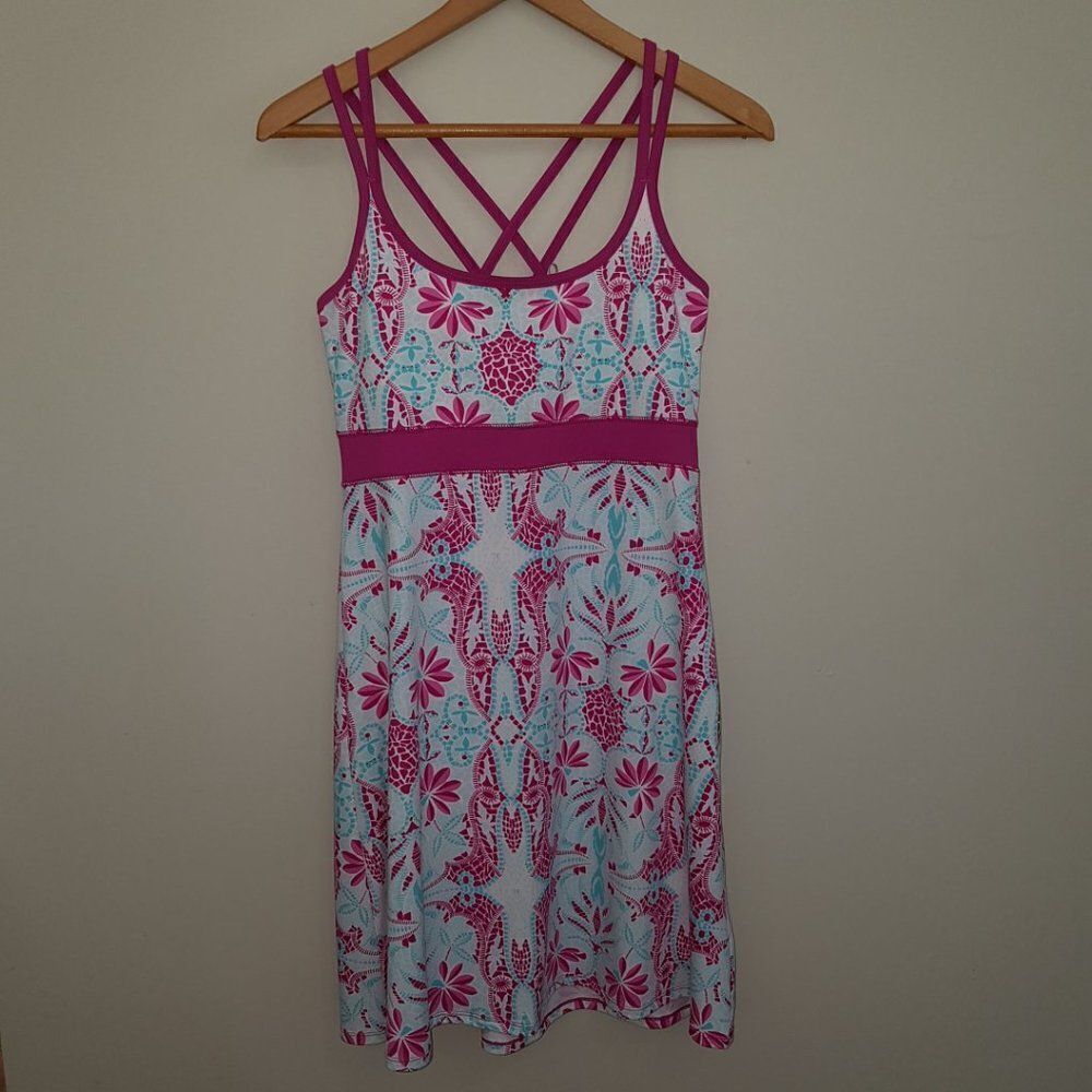 LOLA Athletic Sports Dress Fuchsia, Turquoise White Flower Pattern A-Line MEDIUM - Picture 4 of 11